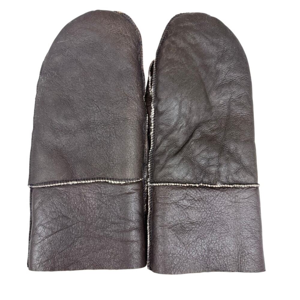 Real Sheepskin Shearling Mittens Dark Brown Black L Winter Warm - Picture 2 of 5